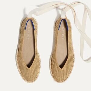 Rothys Tan Metallic Gold Stripe Ballet Ankle Lace Wrap Up Flats 8.5